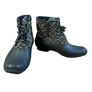 Sperry Black and White Duck Boots Waterproof Lace-Up Side Zip Sz. 7.5